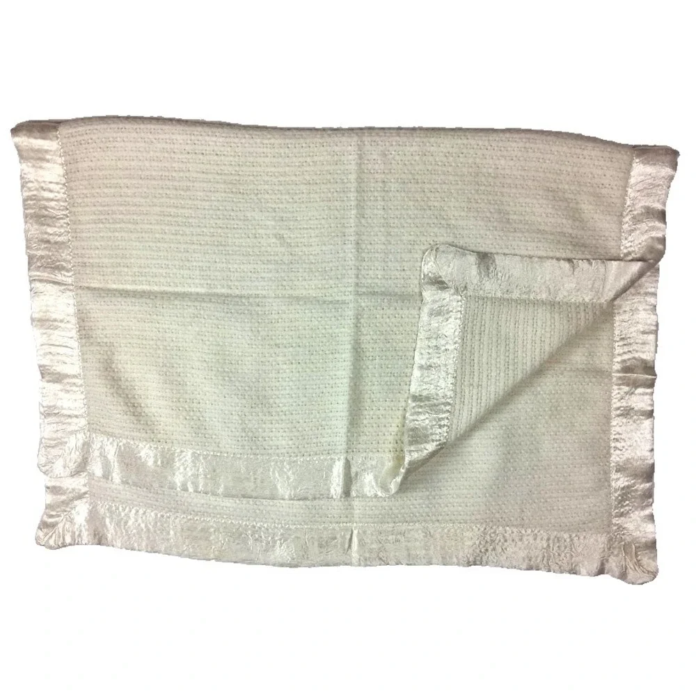 Vintage Unbranded Beige Thermal Baby Blanket Satin Trim Open Weave SOFT Lovey